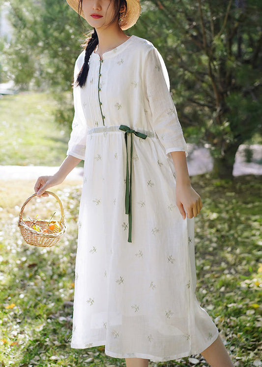 White Embroidered Button Linen Dress Spring