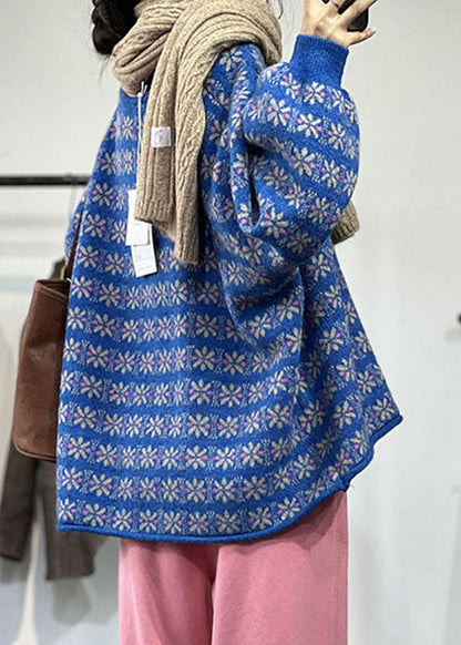 Diy Blue O-neck Oversized Jacquard Lazy Knit Cardigans Winter