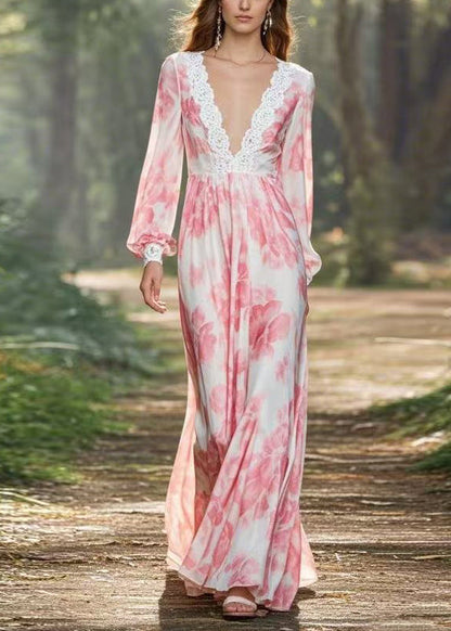 Pink V Neck Print Chiffon Long Dresses Spring