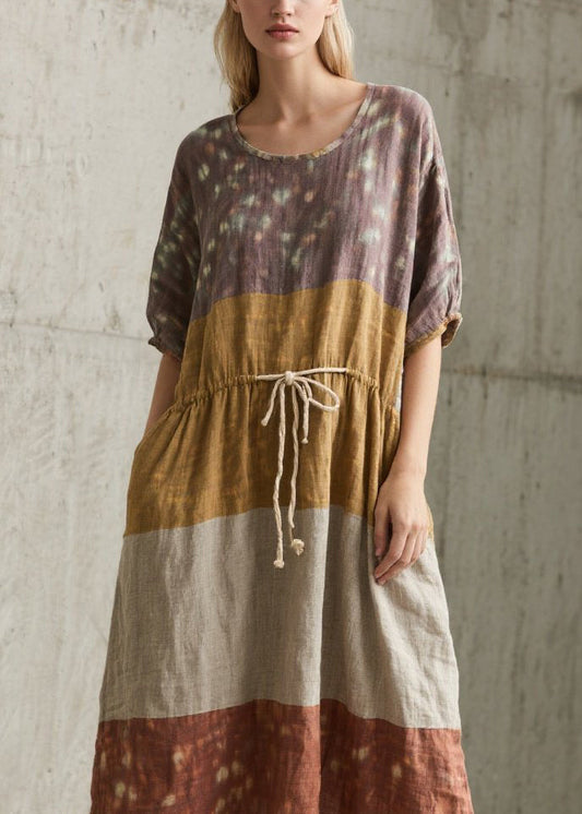 Colorblock O Neck Lace Up Cotton Long Dress Summer