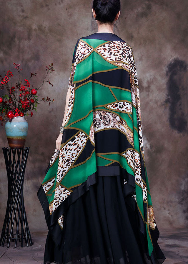 Green Leopard Print Low High Design Chiffon Upf 50+ Top Batwing Sleeve