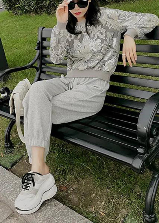 Handmade Grey O-neck Embroideried Sequins Velour Sweatshirt Fall