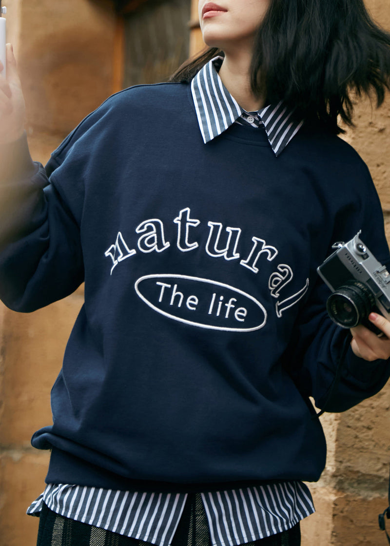 Navy Peter Pan Collar Graphic Embroideried Striped Patchwork Sweatshirts Fall