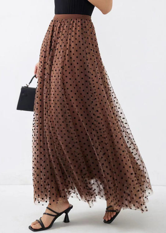 Coffee Dot Wrinkled High Waist Tulle Skirt Spring