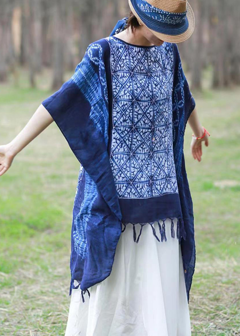 Blue Asymmetrical Design Tassel Print Linen Tops Batwing Sleeve