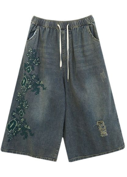 Blue Elastic Waist Drawstring Embroideried Pockets Cotton Denim Crop Pants Summer