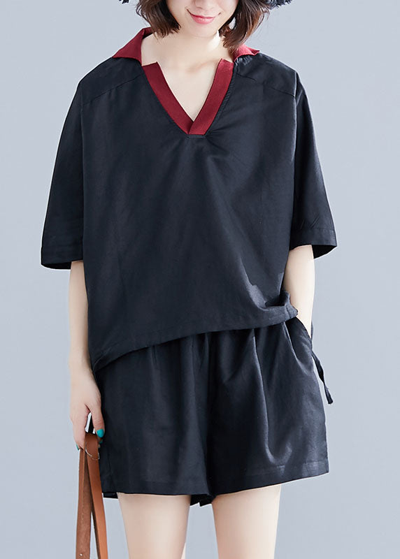 Black Cotton Two Piece Set Clothing V Neck Drawstring Summer