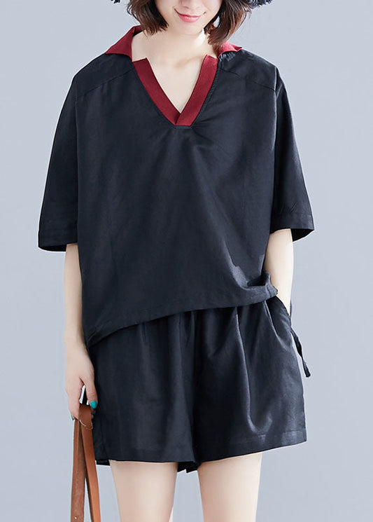 Black Cotton Two Piece Set Clothing V Neck Drawstring Summer