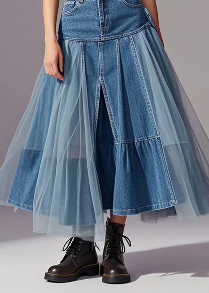 Blue Tulle Patchwork Exra Large Hem Denim Skirts Spring
