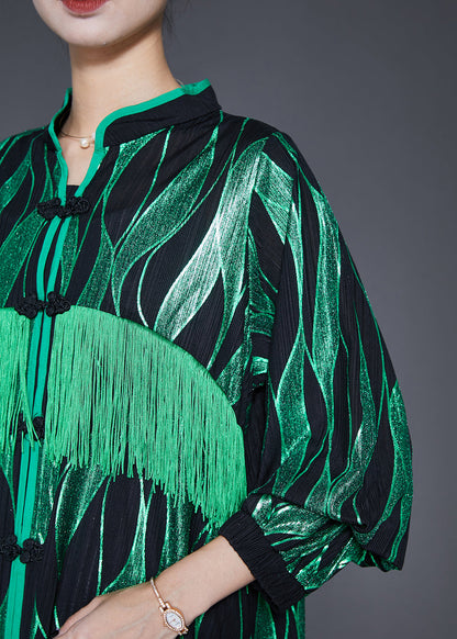 Green Striped Tasseled Chinese Button Silk Maxi Dresses Fall