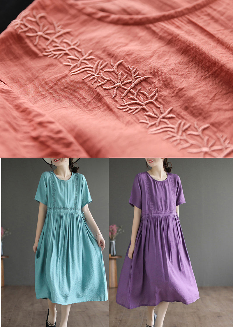 Classy Purple O-neck Embroideried Cotton Dress Summer