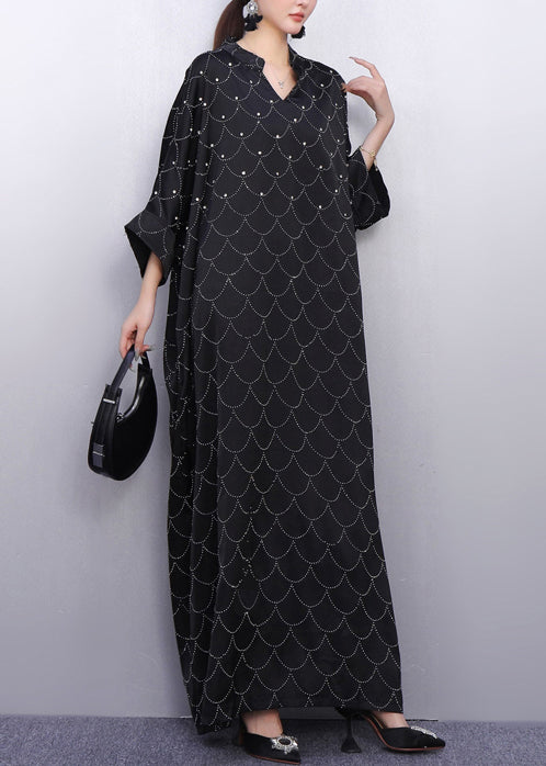 Black Oversized Rhinestone Silk Maxi Dresses Summer