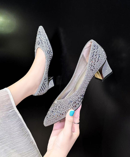 Hollow Out Chunky High Heels Silvery Faux Leather