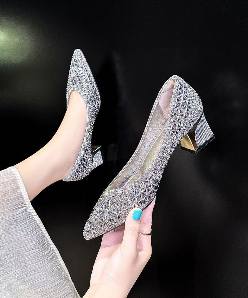 Hollow Out Chunky High Heels Silvery Faux Leather