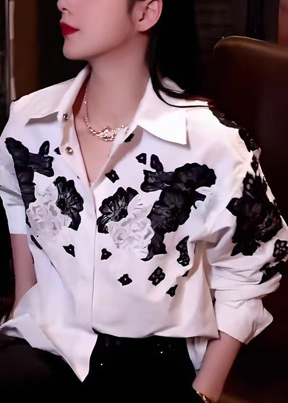 White Peter Pan Collar Hollow Out Cotton Tops Fall