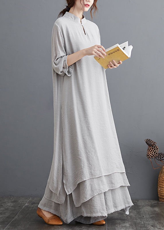 Grey Linen Two Piece Set Tops and Pants Clothing Spring Summer