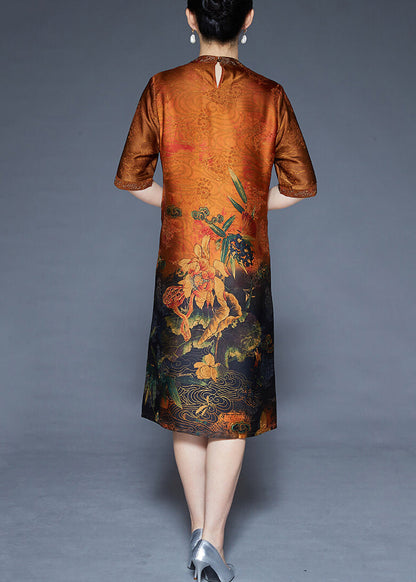 Orange Button Print Silk Dresses O-neck Short Sleeve