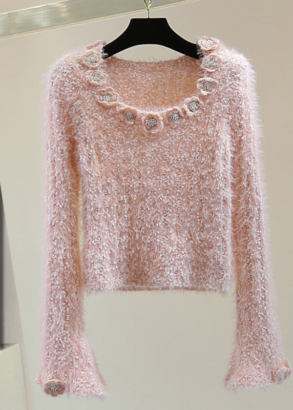 Pink O-neck Ma Hai Mao Cotton Knit Sweaters Winter
