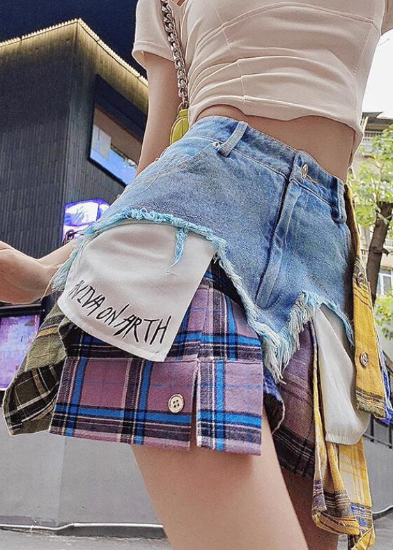 Plaid Asymmetrical Pockets Patchwork Denim Shorts Summer