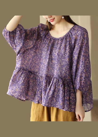 Green O Neck Print Patchwork Linen Shirts Summer