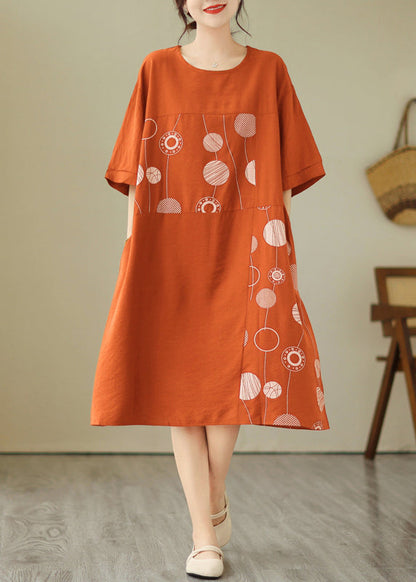 Loose Black O-neck Print Holiday Long Dress Short Sleeve