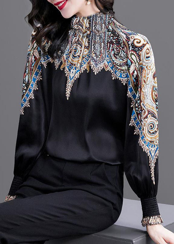 Black Stand Collar Cinched Print Silk Shirt Top Spring