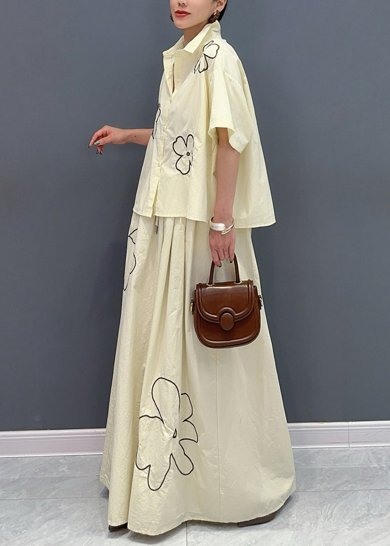 Apricot Peter Pan Collar Button Shirts and Maxi Skirts Two Piece Set Summer