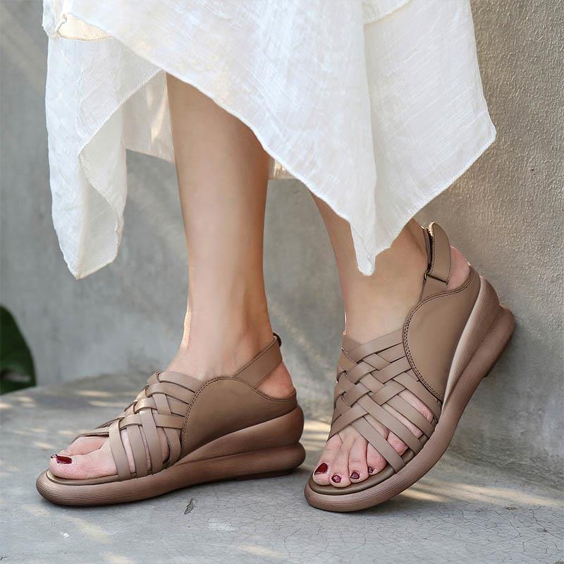 Khaki Sandals Wedge Cowhide Leather Sandals