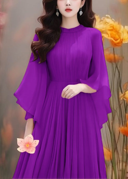 Purple Wrinkled Chiffon Dresses Butterfly Sleeve Summer