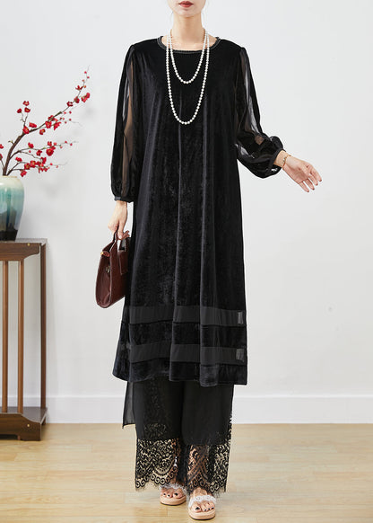 Black Hollow Out Patchwork Silk Velour Maxi Dresses Bracelet Sleeve Spring