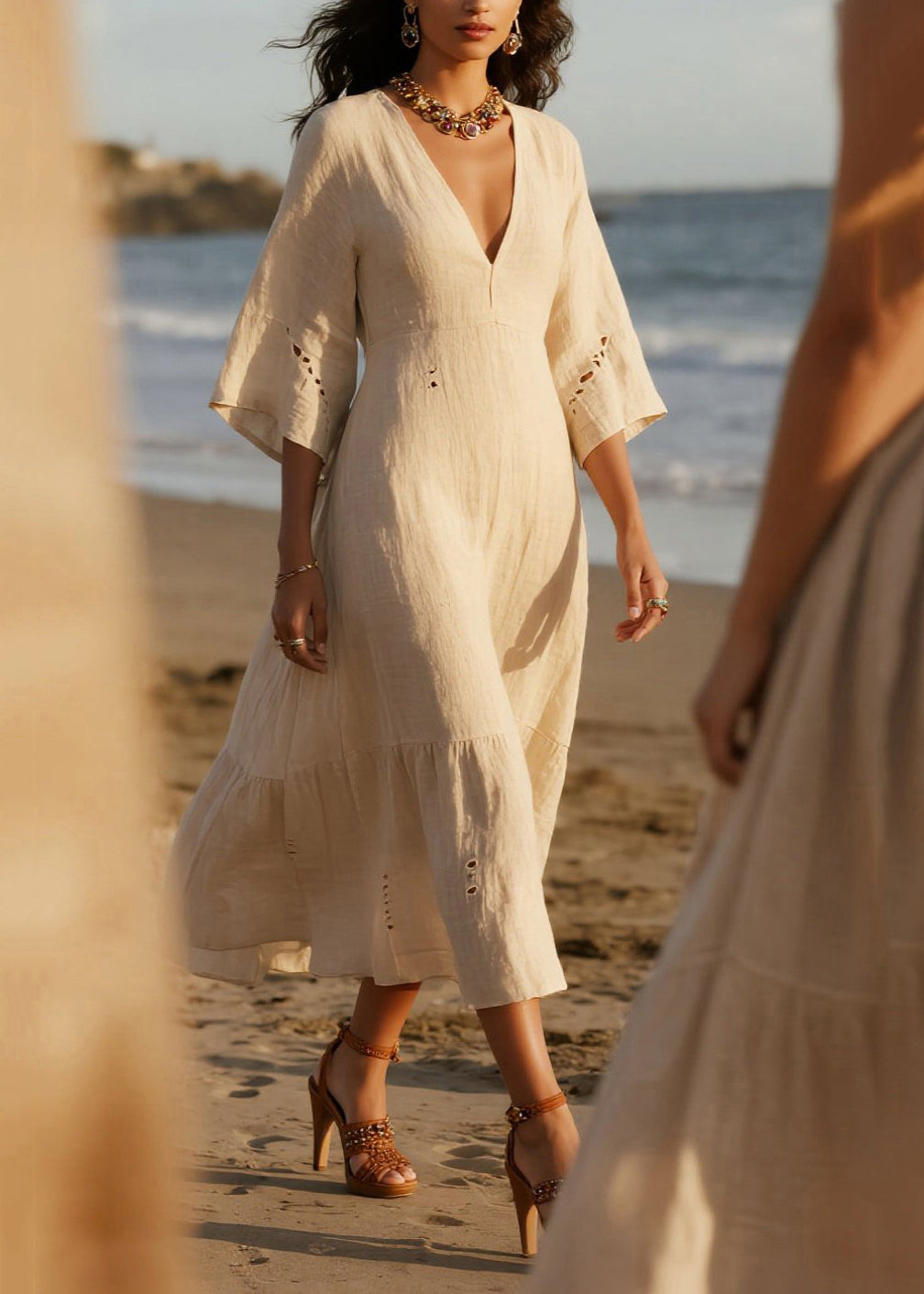 White V Neck Hollow Out Cotton Holiday Dress Summer