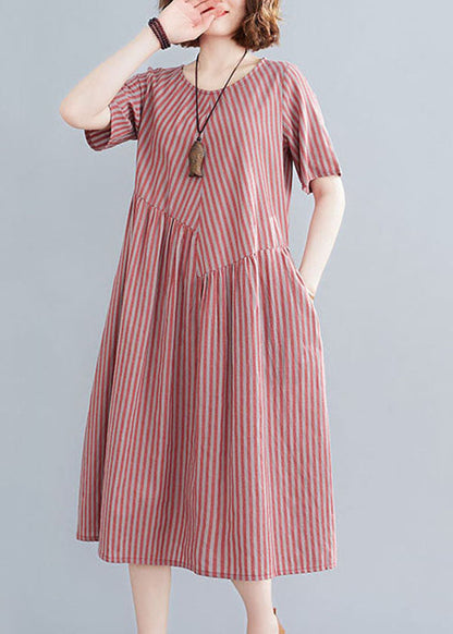 Red O-neck Wrinkled Striped Pockets Cotton Long Dress Short Sleeve