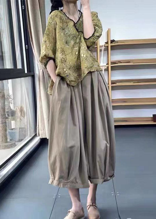 Green V Neck Ruffled Leaf Print Linen Shirts Lantern Sleeve