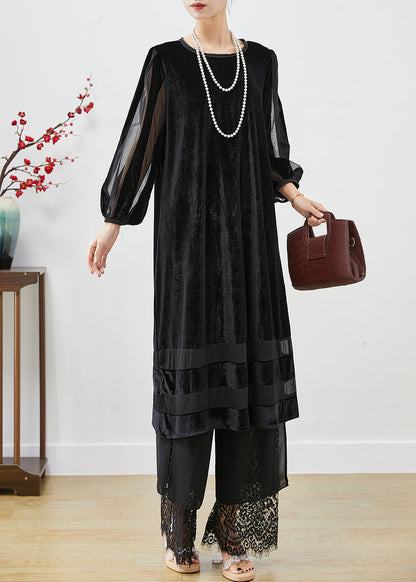 Black Hollow Out Patchwork Silk Velour Maxi Dresses Bracelet Sleeve Spring