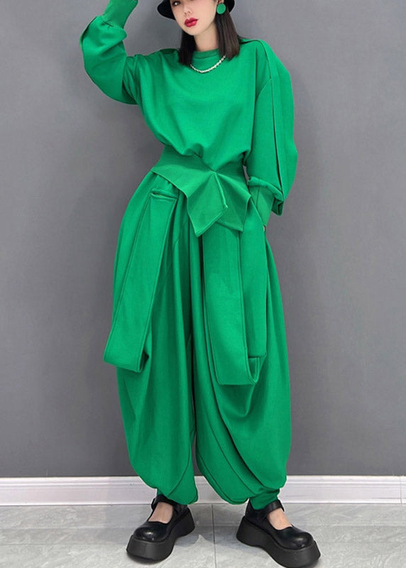 Original Design Green O-neck Asymmetrical Loose Sweatshirts Top and Harem Pants Two Piece Set Long Sleeve