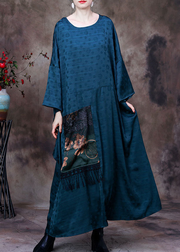 Black Embroideried Asymmetrical Design Patchwork Big Pocket Silk Long Dress Batwing Sleeve