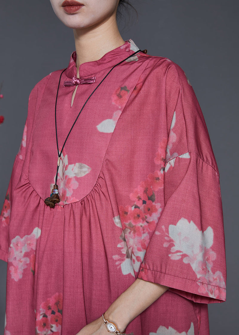 Red Print Chinese Button Cotton Dresses Spring