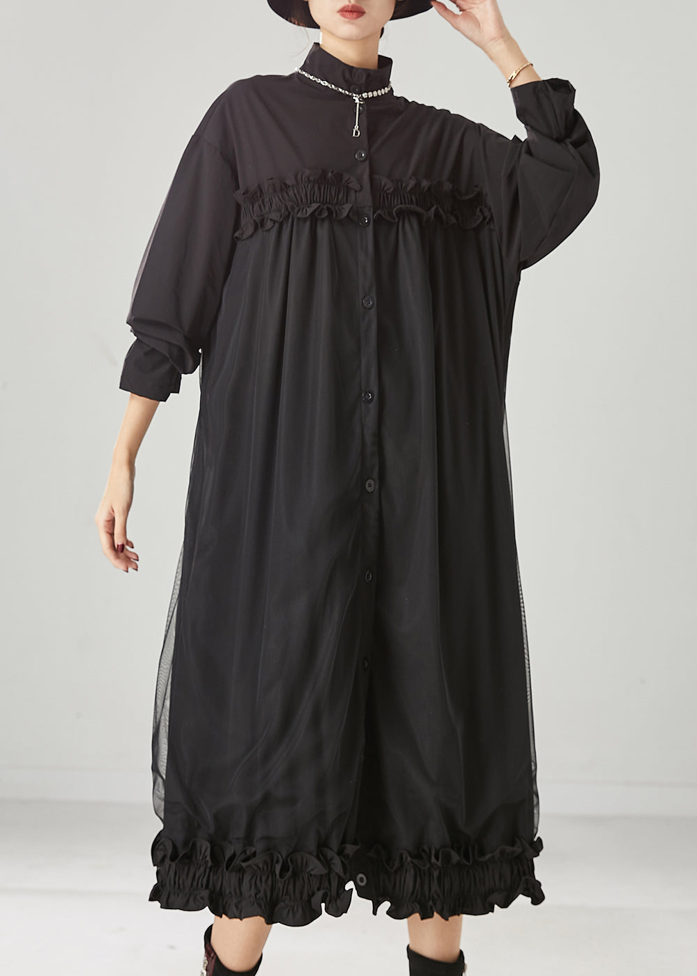 Black Ruffled Patchwork Tulle Cotton Maxi Dress Spring