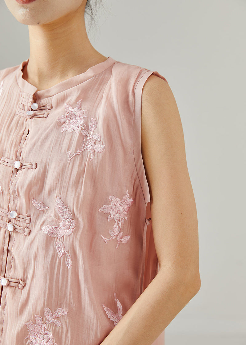 Art Pink Embroidered Ruffled Silk Two Piece Set Clothing Summer