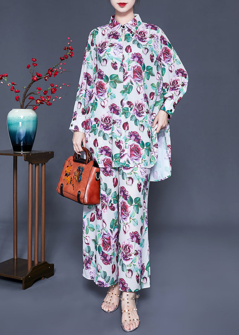 Purple Print Side Open Silk Tops and Pants Two Pieces Set Spring