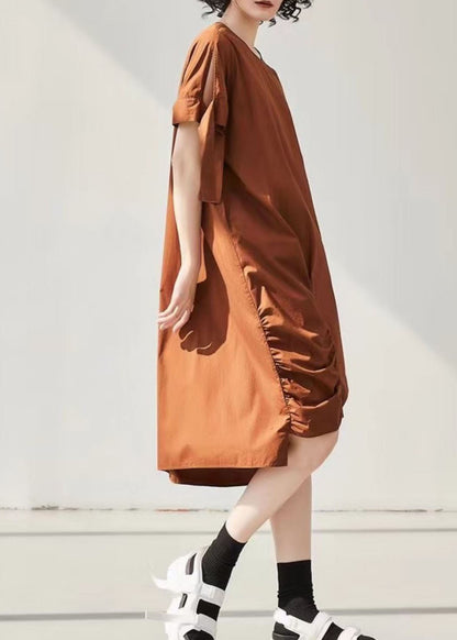 Caramel Asymmetrical Wrinkled Cotton Holiday Dress Short Sleeve
