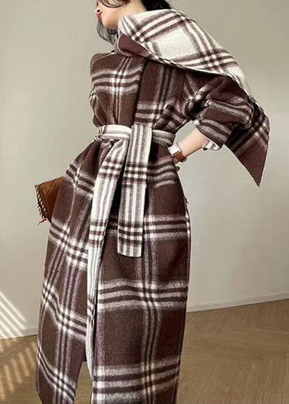 Unique Plaid Tie Waist Patchwork Wear on Both Sides Woolen Coats Fall