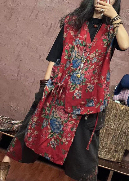 Red Asymmetrical Print Patchwork Cotton Waistcoat Sleeveless