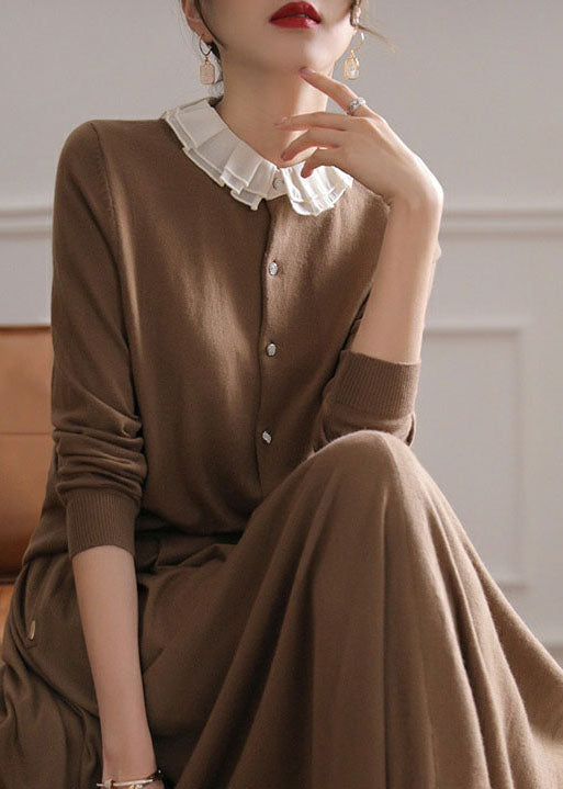 Chocolate O-neck Ruffled Patchwork Cashmere Cardigans Spring