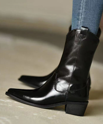Black Pointed Toe Boots Chunky Cowhide Leather