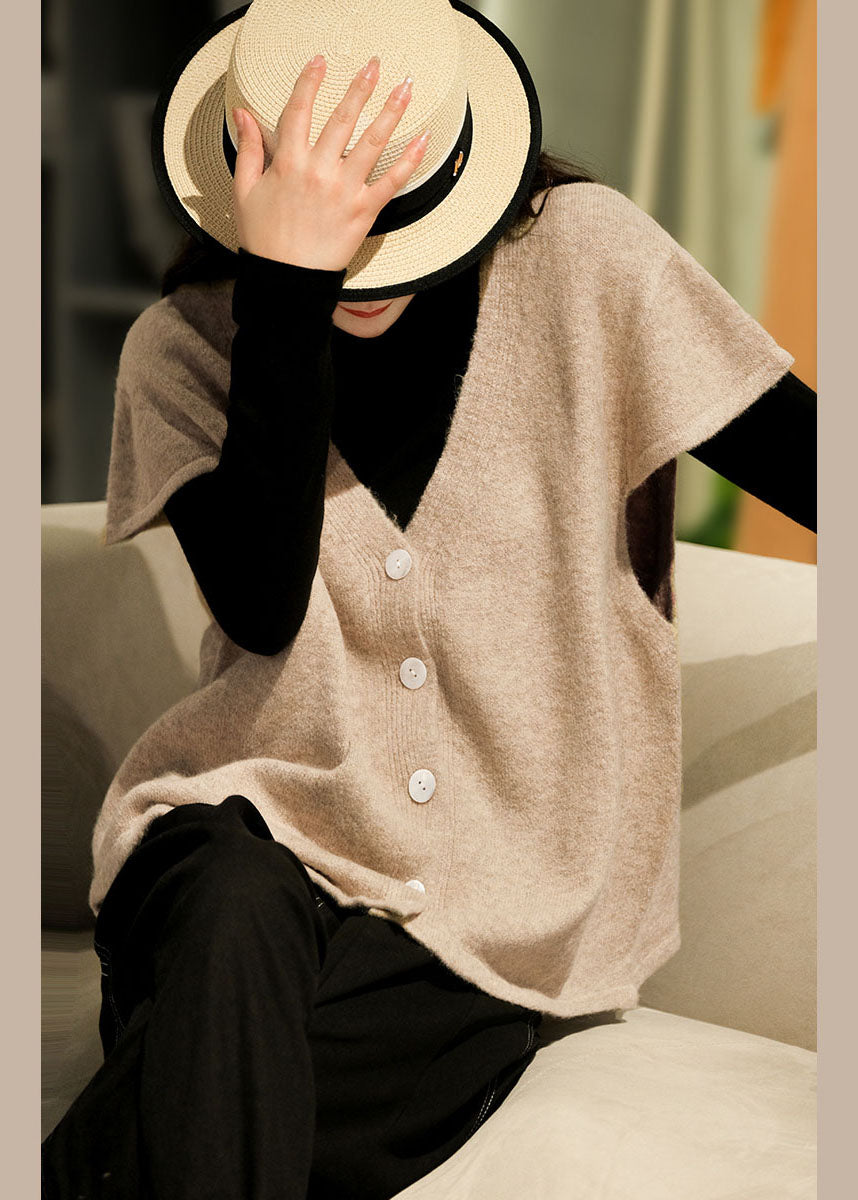 Simple Beige V Neck Button Knitted Blend Waistcoat Short Sleeve