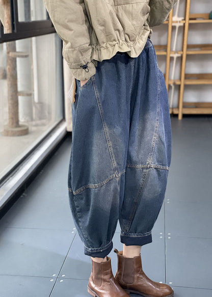 Blue Elastic Waist Pockets Patchwork Cotton Denim Loose Harem Pants Summer