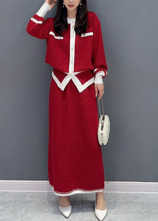 Autumn New Versatile Red Small Fragrant Coat and Skirts Two Piece Set