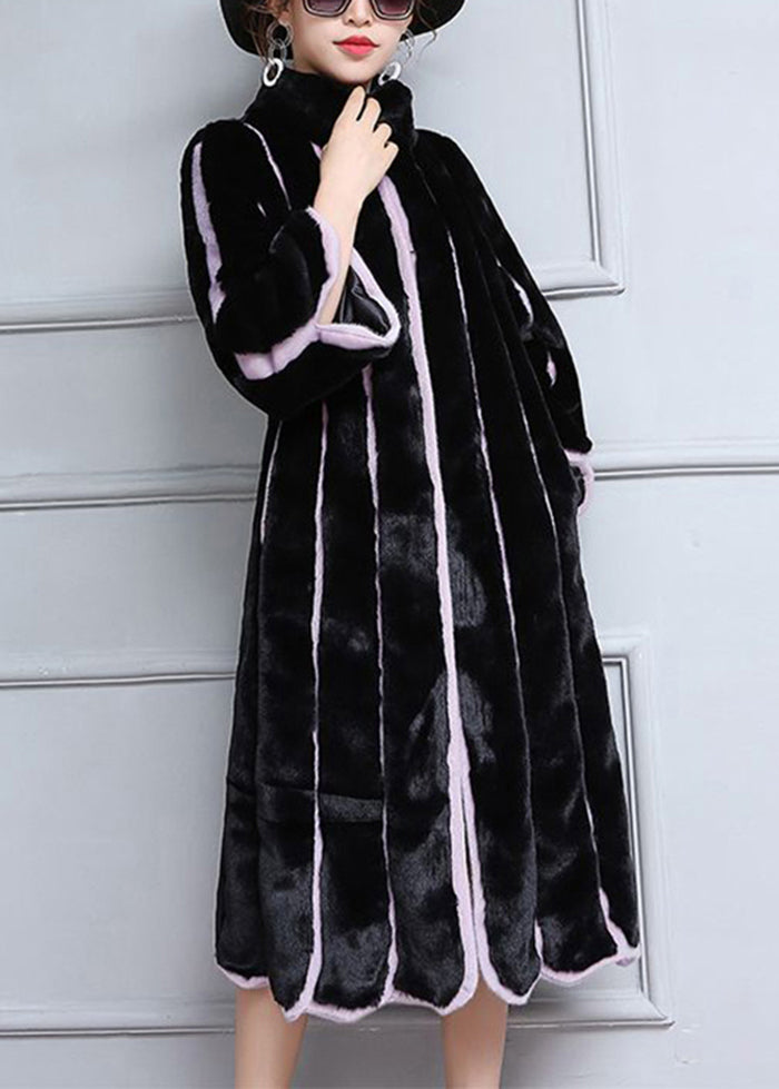 Black Oversized Patchwork Striped Faux Fur Coats Winter