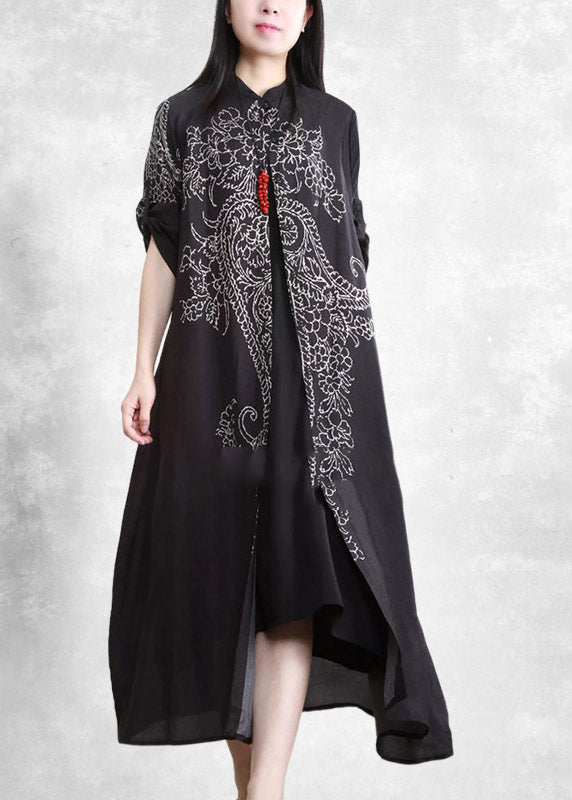 Black Stand Collar Button Print Pockets Linen Cardigans Half Sleeve